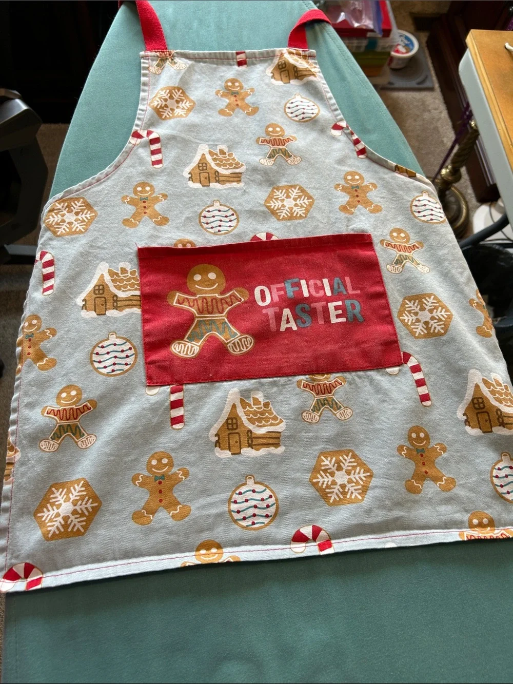 Child’s gingerbread apron official taster with Velcro and front pocket ties back